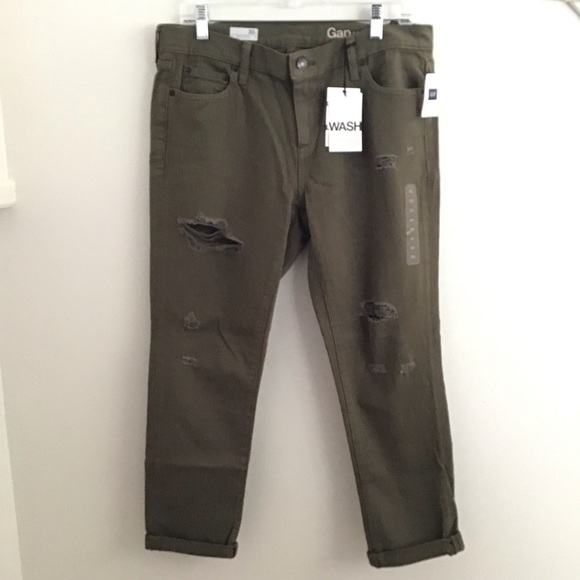 Gap girlfriend distressed cotton army olive green mid rise jeans sz 30 R - Picture 1 of 13